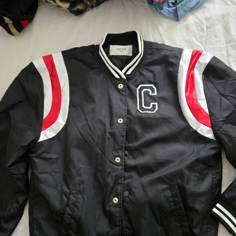 Celine Black and Red Varsity Bomber Jacket with Ribbed Collar